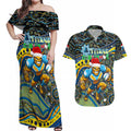 Merry Christmas Gold Coast Titans Couples Matching Off Shoulder Maxi Dress and Hawaiian Shirt Aboriginal Santa Rugby Mascot - Light Blue