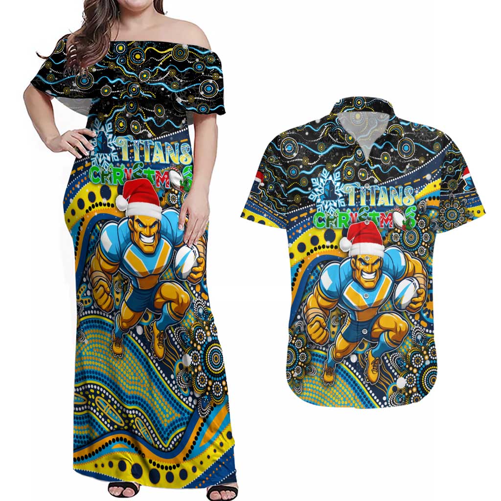 Merry Christmas Gold Coast Titans Couples Matching Off Shoulder Maxi Dress and Hawaiian Shirt Aboriginal Santa Rugby Mascot - Light Blue