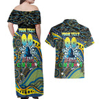 Merry Christmas Gold Coast Titans Couples Matching Off Shoulder Maxi Dress and Hawaiian Shirt Aboriginal Santa Rugby Mascot - Light Blue