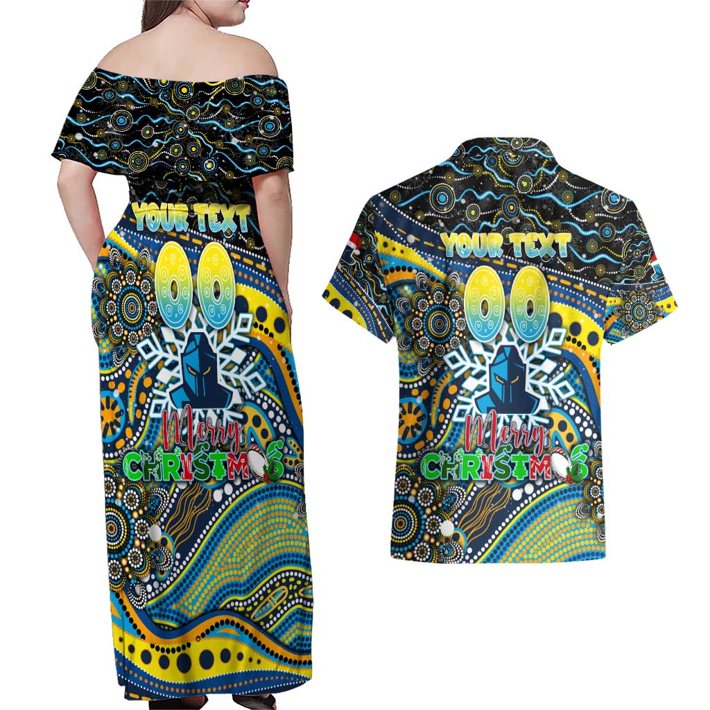 Merry Christmas Gold Coast Titans Couples Matching Off Shoulder Maxi Dress and Hawaiian Shirt Aboriginal Santa Rugby Mascot - Light Blue