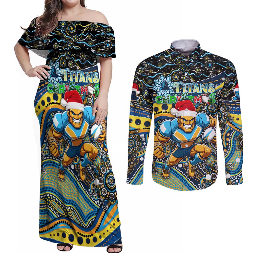 Merry Christmas Gold Coast Titans Couples Matching Off Shoulder Maxi Dress and Long Sleeve Button Shirt Aboriginal Santa Rugby Mascot - Light Blue