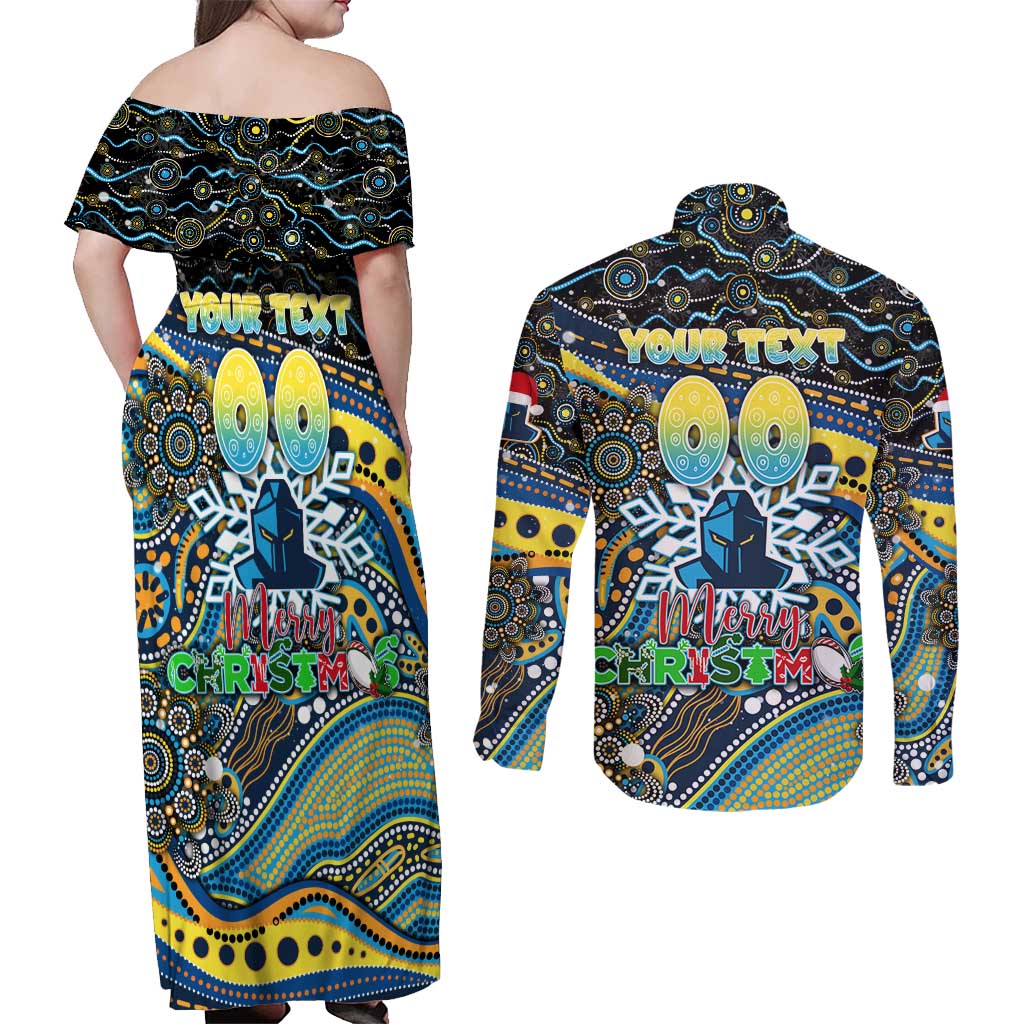 Merry Christmas Gold Coast Titans Couples Matching Off Shoulder Maxi Dress and Long Sleeve Button Shirt Aboriginal Santa Rugby Mascot - Light Blue