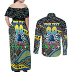 Merry Christmas Gold Coast Titans Couples Matching Off Shoulder Maxi Dress and Long Sleeve Button Shirt Aboriginal Santa Rugby Mascot - Light Blue