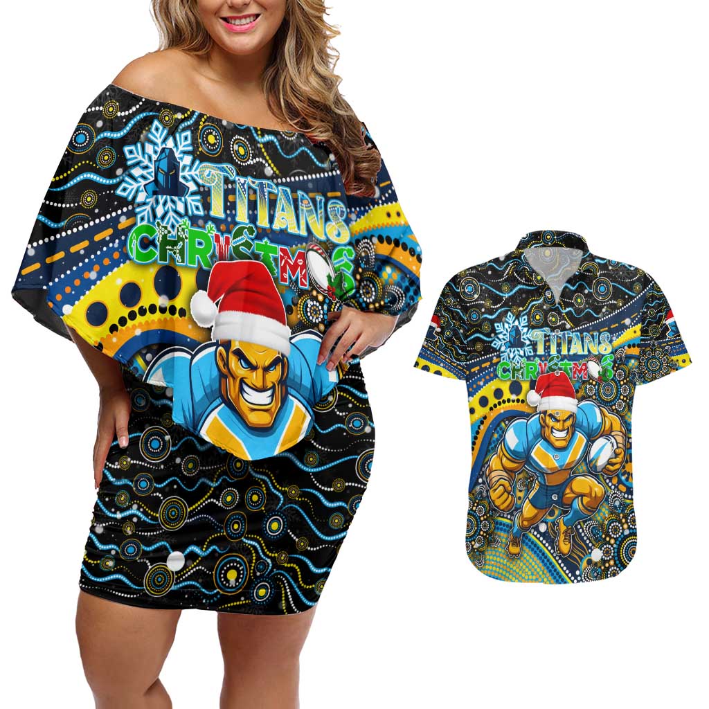 Merry Christmas Gold Coast Titans Couples Matching Off Shoulder Short Dress and Hawaiian Shirt Aboriginal Santa Rugby Mascot - Light Blue