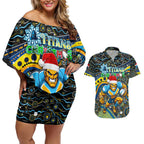 Merry Christmas Gold Coast Titans Couples Matching Off Shoulder Short Dress and Hawaiian Shirt Aboriginal Santa Rugby Mascot - Light Blue