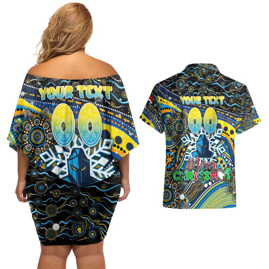 Merry Christmas Gold Coast Titans Couples Matching Off Shoulder Short Dress and Hawaiian Shirt Aboriginal Santa Rugby Mascot - Light Blue