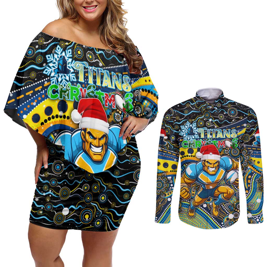 Merry Christmas Gold Coast Titans Couples Matching Off Shoulder Short Dress and Long Sleeve Button Shirt Aboriginal Santa Rugby Mascot - Light Blue