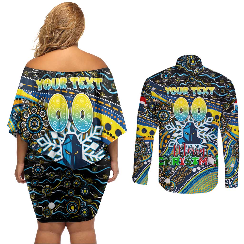 Merry Christmas Gold Coast Titans Couples Matching Off Shoulder Short Dress and Long Sleeve Button Shirt Aboriginal Santa Rugby Mascot - Light Blue