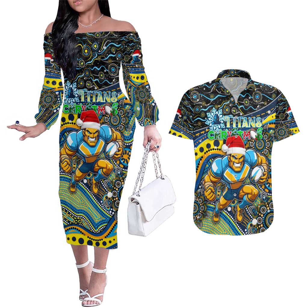Merry Christmas Gold Coast Titans Couples Matching Off The Shoulder Long Sleeve Dress and Hawaiian Shirt Aboriginal Santa Rugby Mascot - Light Blue