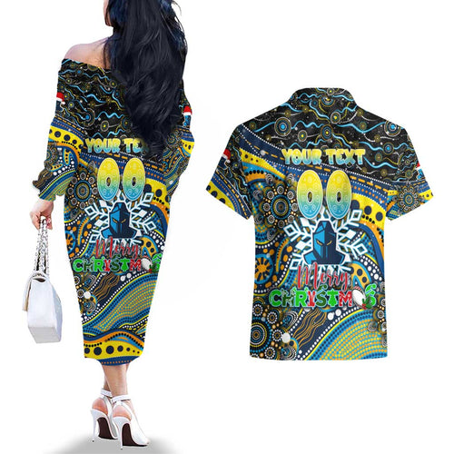 Merry Christmas Gold Coast Titans Couples Matching Off The Shoulder Long Sleeve Dress and Hawaiian Shirt Aboriginal Santa Rugby Mascot - Light Blue