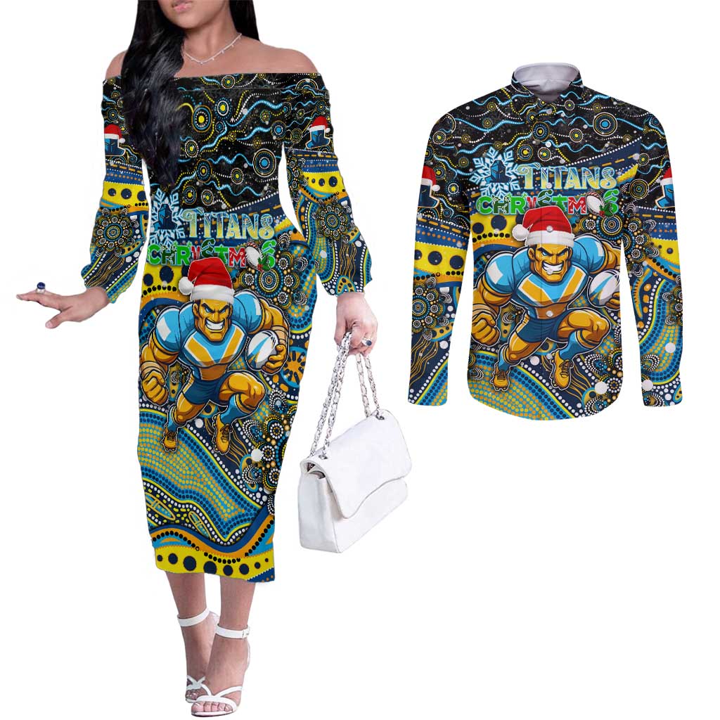 Merry Christmas Gold Coast Titans Couples Matching Off The Shoulder Long Sleeve Dress and Long Sleeve Button Shirt Aboriginal Santa Rugby Mascot - Light Blue