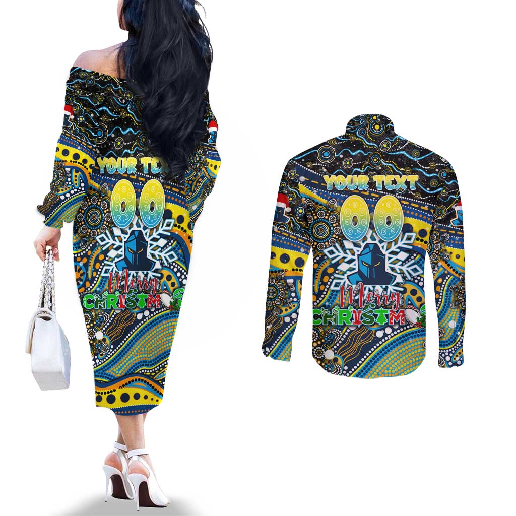 Merry Christmas Gold Coast Titans Couples Matching Off The Shoulder Long Sleeve Dress and Long Sleeve Button Shirt Aboriginal Santa Rugby Mascot - Light Blue