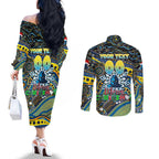 Merry Christmas Gold Coast Titans Couples Matching Off The Shoulder Long Sleeve Dress and Long Sleeve Button Shirt Aboriginal Santa Rugby Mascot - Light Blue