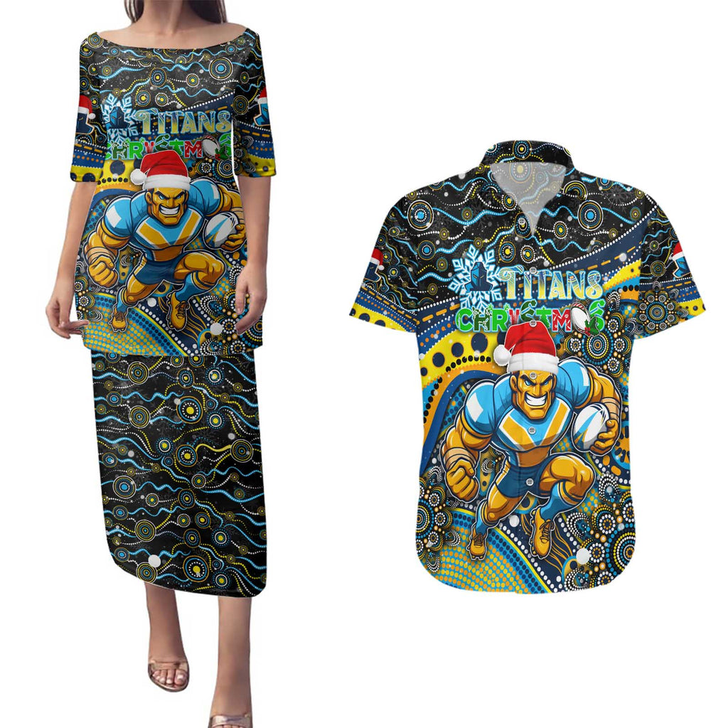 Merry Christmas Gold Coast Titans Couples Matching Puletasi and Hawaiian Shirt Aboriginal Santa Rugby Mascot - Light Blue