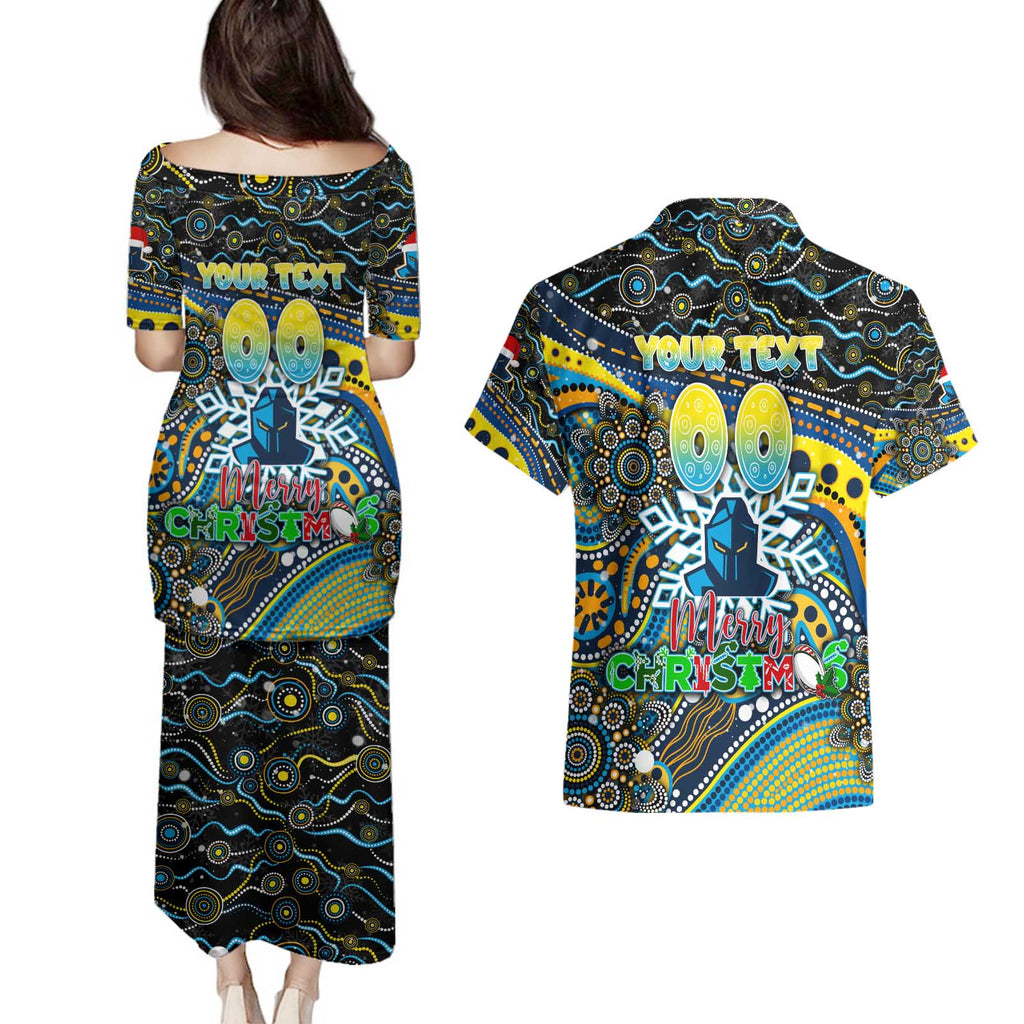 Merry Christmas Gold Coast Titans Couples Matching Puletasi and Hawaiian Shirt Aboriginal Santa Rugby Mascot - Light Blue