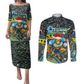 Merry Christmas Gold Coast Titans Couples Matching Puletasi and Long Sleeve Button Shirt Aboriginal Santa Rugby Mascot - Light Blue
