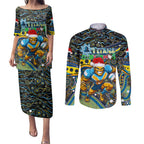 Merry Christmas Gold Coast Titans Couples Matching Puletasi and Long Sleeve Button Shirt Aboriginal Santa Rugby Mascot - Light Blue