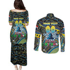 Merry Christmas Gold Coast Titans Couples Matching Puletasi and Long Sleeve Button Shirt Aboriginal Santa Rugby Mascot - Light Blue