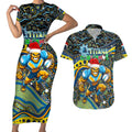 Merry Christmas Gold Coast Titans Couples Matching Short Sleeve Bodycon Dress and Hawaiian Shirt Aboriginal Santa Rugby Mascot - Light Blue