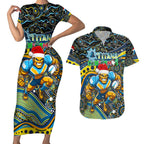 Merry Christmas Gold Coast Titans Couples Matching Short Sleeve Bodycon Dress and Hawaiian Shirt Aboriginal Santa Rugby Mascot - Light Blue
