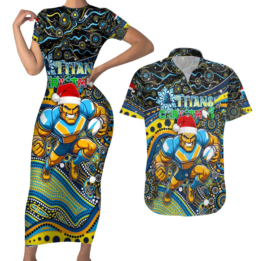 Merry Christmas Gold Coast Titans Couples Matching Short Sleeve Bodycon Dress and Hawaiian Shirt Aboriginal Santa Rugby Mascot - Light Blue