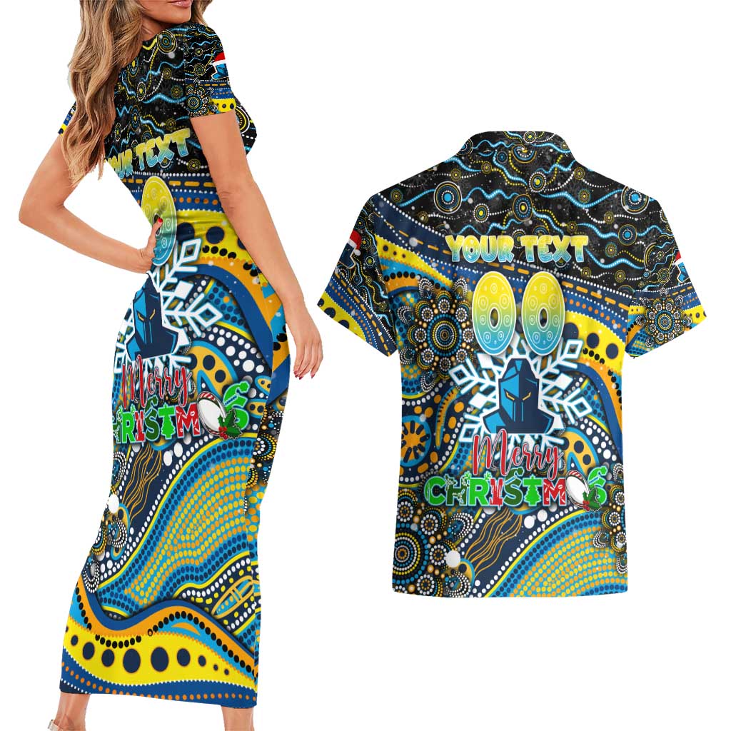 Merry Christmas Gold Coast Titans Couples Matching Short Sleeve Bodycon Dress and Hawaiian Shirt Aboriginal Santa Rugby Mascot - Light Blue