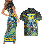 Merry Christmas Gold Coast Titans Couples Matching Short Sleeve Bodycon Dress and Hawaiian Shirt Aboriginal Santa Rugby Mascot - Light Blue