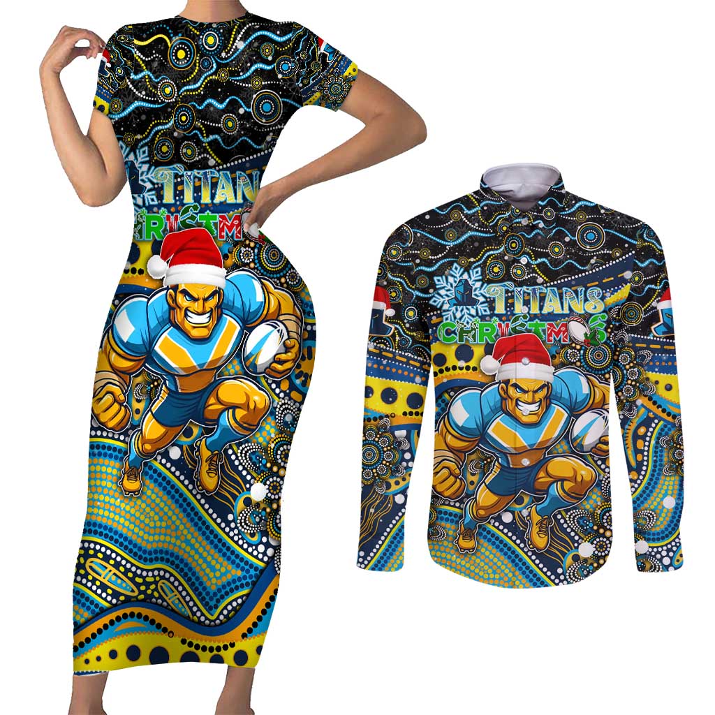 Merry Christmas Gold Coast Titans Couples Matching Short Sleeve Bodycon Dress and Long Sleeve Button Shirt Aboriginal Santa Rugby Mascot - Light Blue