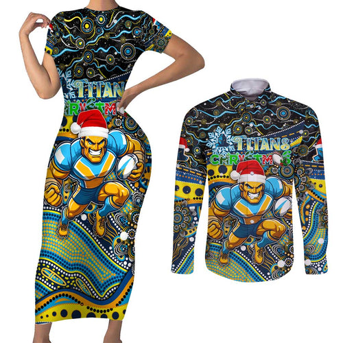 Merry Christmas Gold Coast Titans Couples Matching Short Sleeve Bodycon Dress and Long Sleeve Button Shirt Aboriginal Santa Rugby Mascot - Light Blue