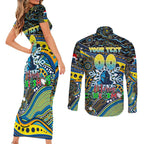 Merry Christmas Gold Coast Titans Couples Matching Short Sleeve Bodycon Dress and Long Sleeve Button Shirt Aboriginal Santa Rugby Mascot - Light Blue