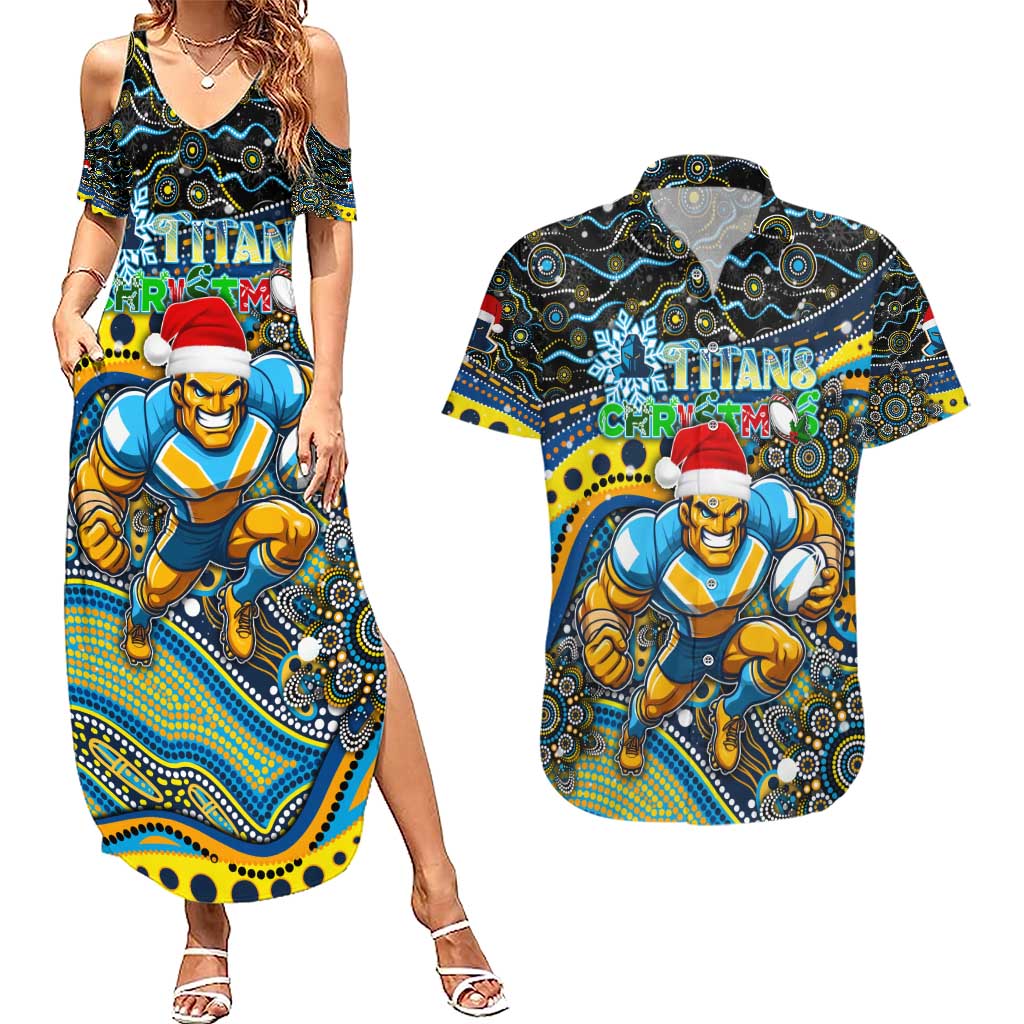 Merry Christmas Gold Coast Titans Couples Matching Summer Maxi Dress and Hawaiian Shirt Aboriginal Santa Rugby Mascot - Light Blue
