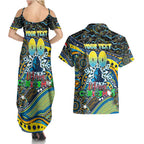 Merry Christmas Gold Coast Titans Couples Matching Summer Maxi Dress and Hawaiian Shirt Aboriginal Santa Rugby Mascot - Light Blue