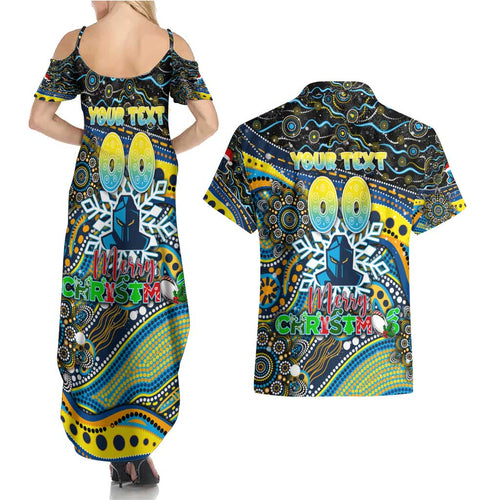 Merry Christmas Gold Coast Titans Couples Matching Summer Maxi Dress and Hawaiian Shirt Aboriginal Santa Rugby Mascot - Light Blue