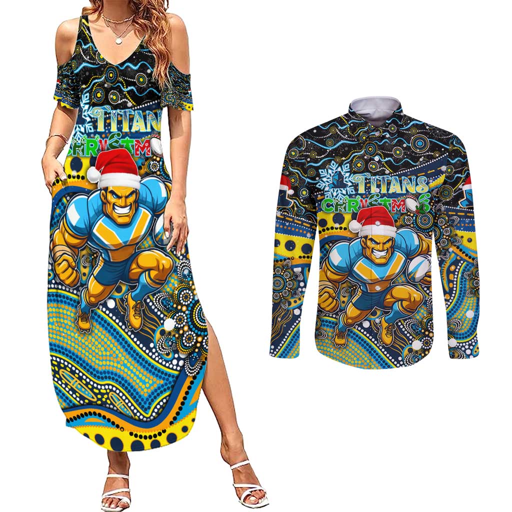 Merry Christmas Gold Coast Titans Couples Matching Summer Maxi Dress and Long Sleeve Button Shirt Aboriginal Santa Rugby Mascot - Light Blue