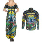 Merry Christmas Gold Coast Titans Couples Matching Summer Maxi Dress and Long Sleeve Button Shirt Aboriginal Santa Rugby Mascot - Light Blue
