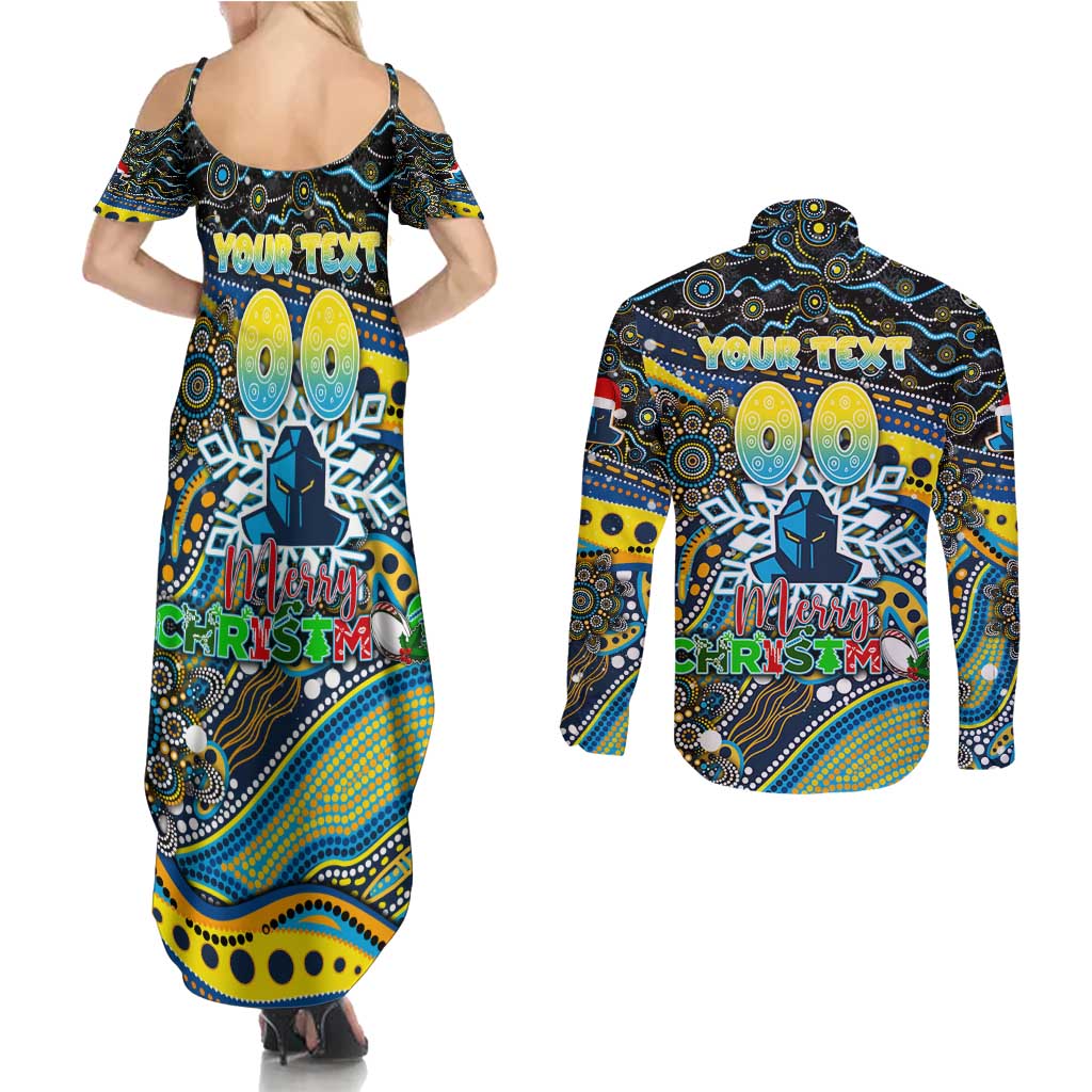 Merry Christmas Gold Coast Titans Couples Matching Summer Maxi Dress and Long Sleeve Button Shirt Aboriginal Santa Rugby Mascot - Light Blue