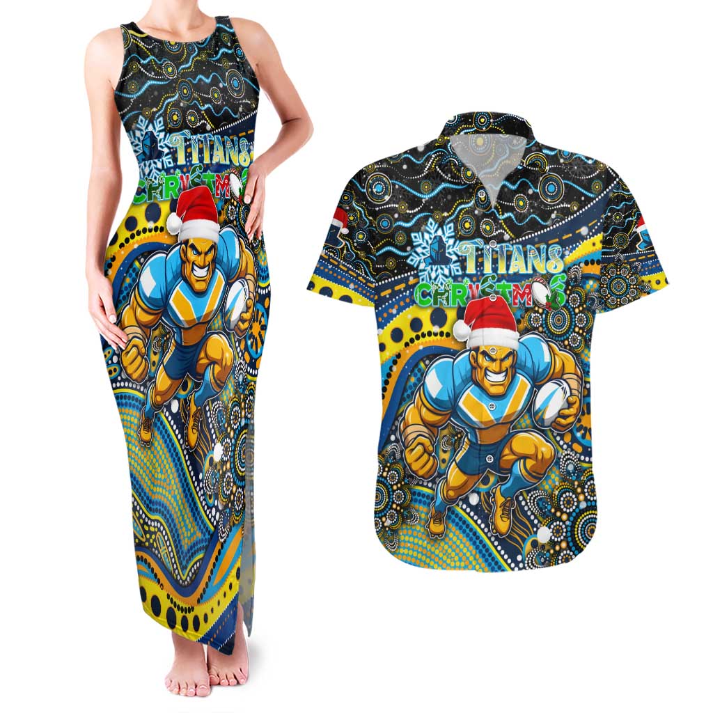 Merry Christmas Gold Coast Titans Couples Matching Tank Maxi Dress and Hawaiian Shirt Aboriginal Santa Rugby Mascot - Light Blue