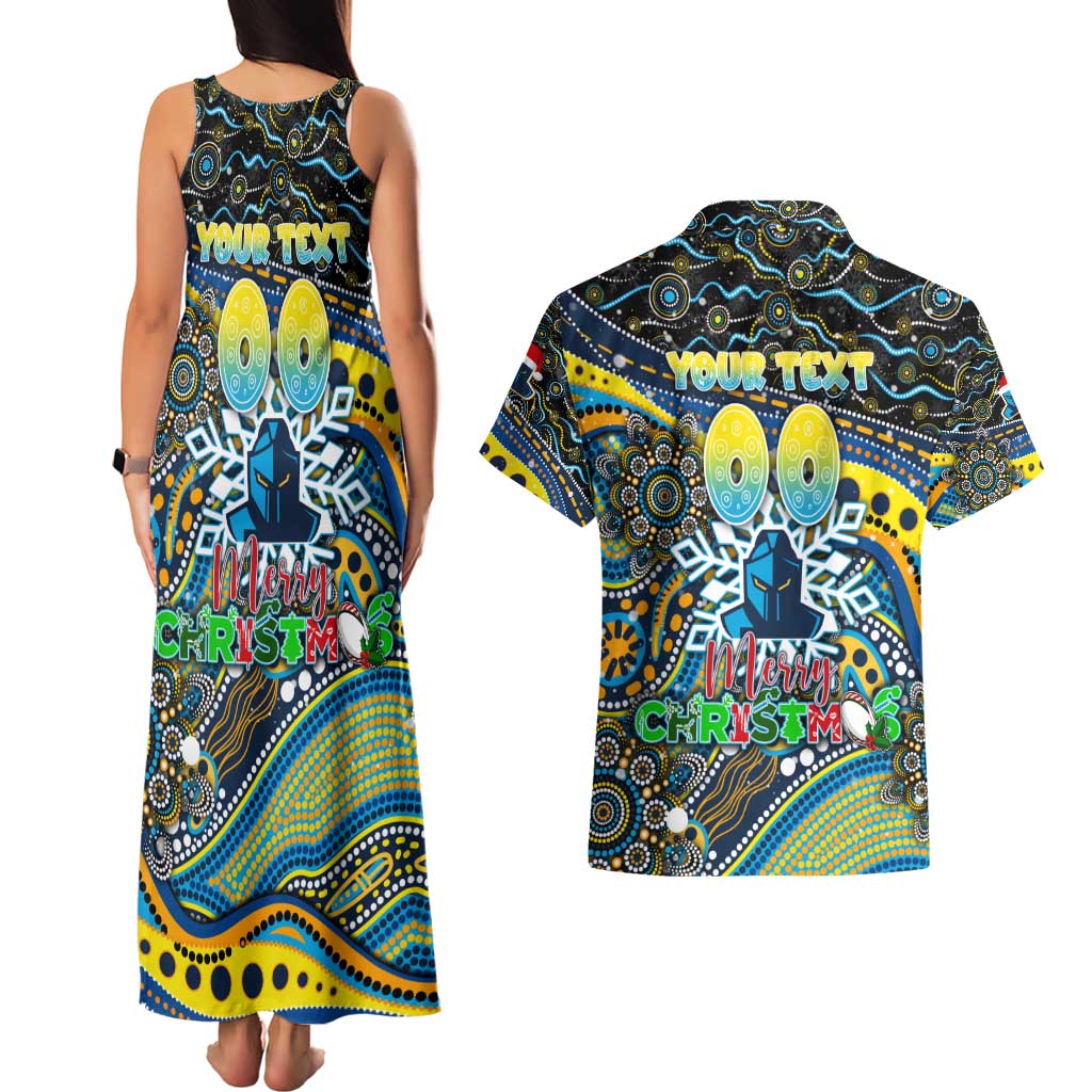 Merry Christmas Gold Coast Titans Couples Matching Tank Maxi Dress and Hawaiian Shirt Aboriginal Santa Rugby Mascot - Light Blue
