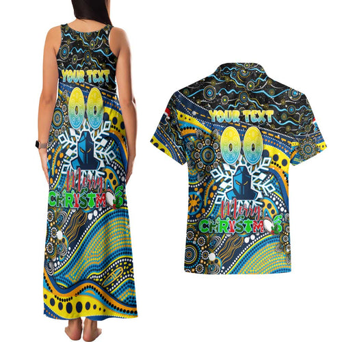 Merry Christmas Gold Coast Titans Couples Matching Tank Maxi Dress and Hawaiian Shirt Aboriginal Santa Rugby Mascot - Light Blue