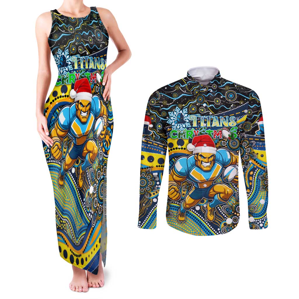 Merry Christmas Gold Coast Titans Couples Matching Tank Maxi Dress and Long Sleeve Button Shirt Aboriginal Santa Rugby Mascot - Light Blue