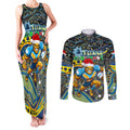 Merry Christmas Gold Coast Titans Couples Matching Tank Maxi Dress and Long Sleeve Button Shirt Aboriginal Santa Rugby Mascot - Light Blue