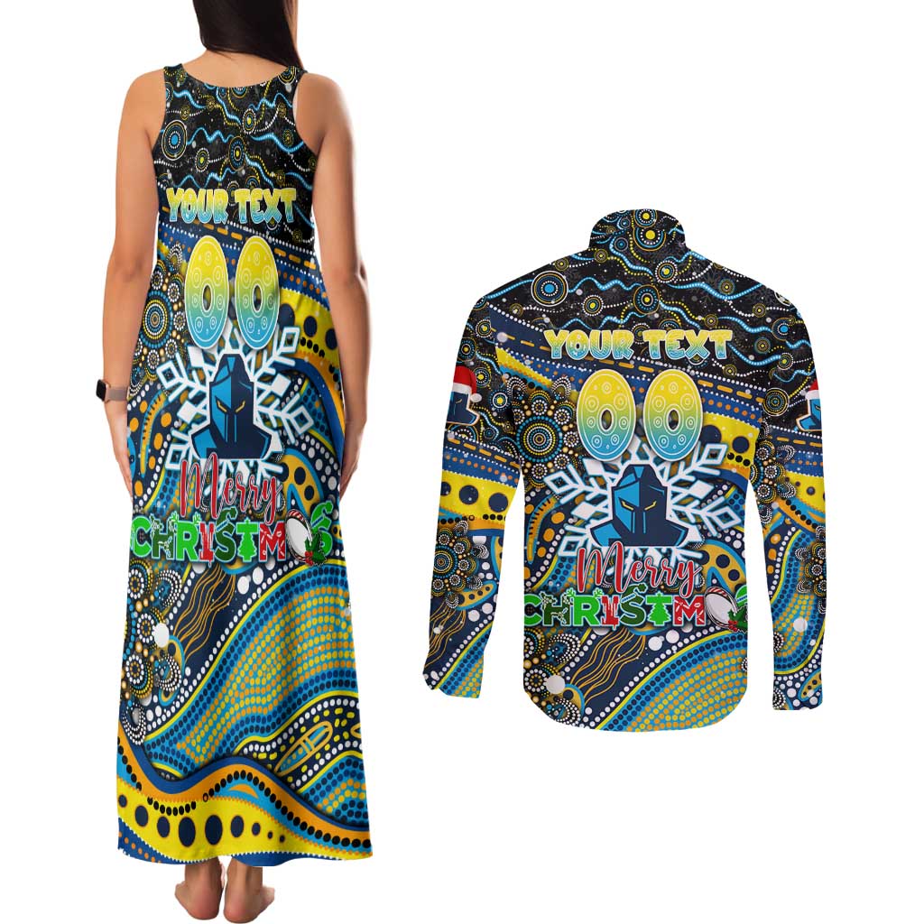 Merry Christmas Gold Coast Titans Couples Matching Tank Maxi Dress and Long Sleeve Button Shirt Aboriginal Santa Rugby Mascot - Light Blue