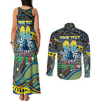 Merry Christmas Gold Coast Titans Couples Matching Tank Maxi Dress and Long Sleeve Button Shirt Aboriginal Santa Rugby Mascot - Light Blue