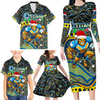 Merry Christmas Gold Coast Titans Family Matching Long Sleeve Bodycon Dress and Hawaiian Shirt Aboriginal Santa Rugby Mascot - Light Blue