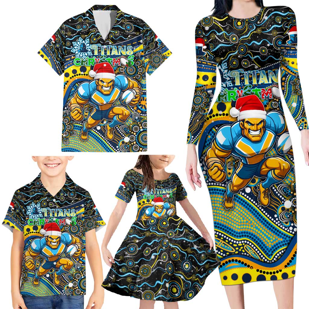 Merry Christmas Gold Coast Titans Family Matching Long Sleeve Bodycon Dress and Hawaiian Shirt Aboriginal Santa Rugby Mascot - Light Blue