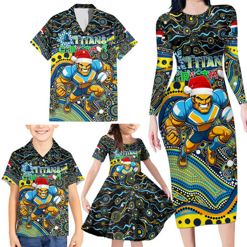 Merry Christmas Gold Coast Titans Family Matching Long Sleeve Bodycon Dress and Hawaiian Shirt Aboriginal Santa Rugby Mascot - Light Blue