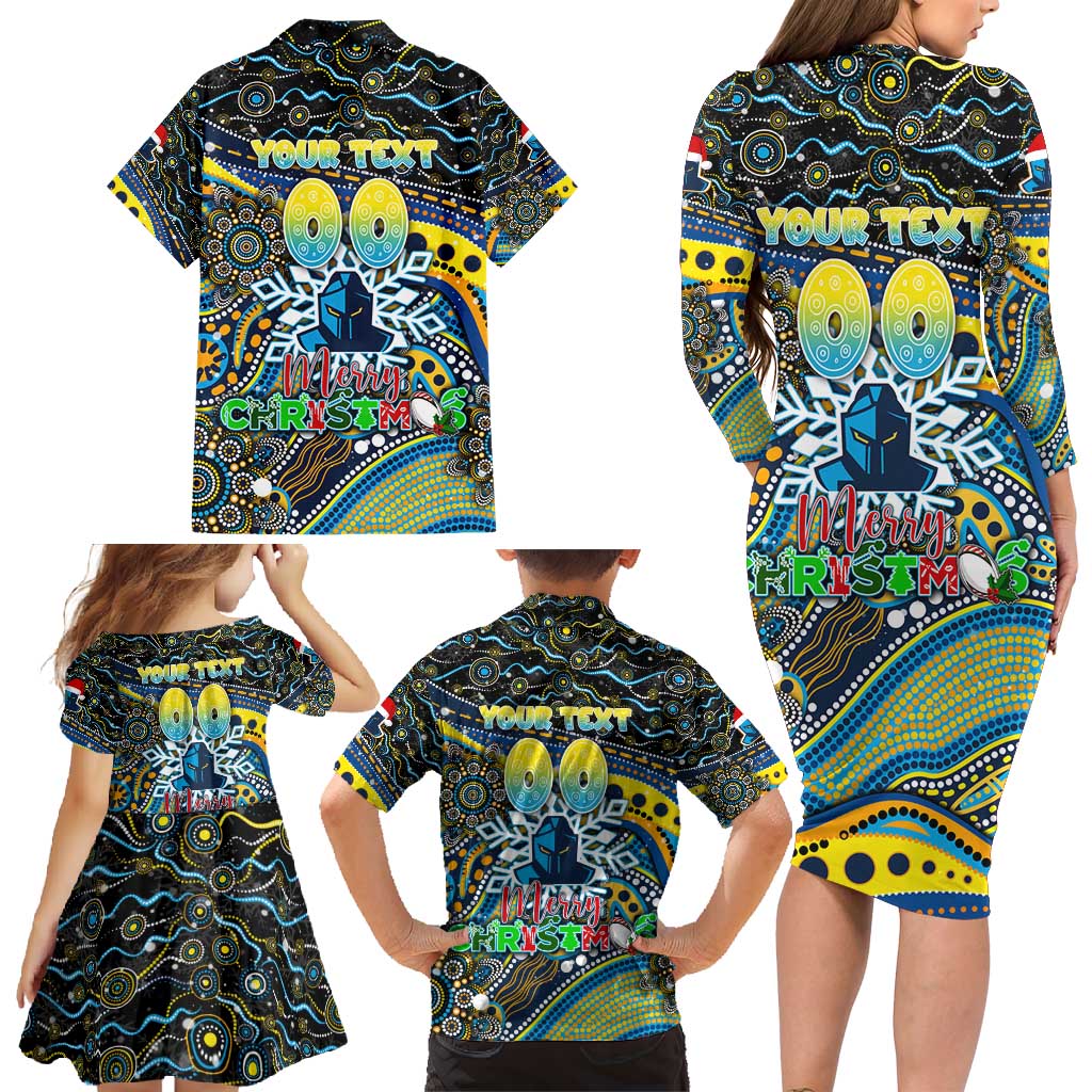 Merry Christmas Gold Coast Titans Family Matching Long Sleeve Bodycon Dress and Hawaiian Shirt Aboriginal Santa Rugby Mascot - Light Blue