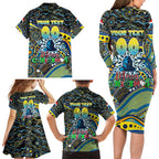 Merry Christmas Gold Coast Titans Family Matching Long Sleeve Bodycon Dress and Hawaiian Shirt Aboriginal Santa Rugby Mascot - Light Blue