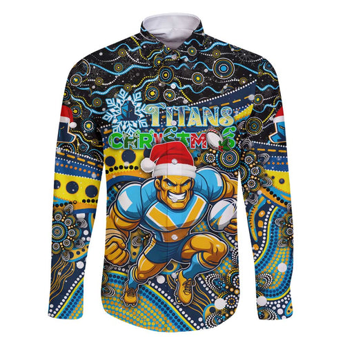 Merry Christmas Gold Coast Titans Family Matching Long Sleeve Bodycon Dress and Hawaiian Shirt Aboriginal Santa Rugby Mascot - Light Blue