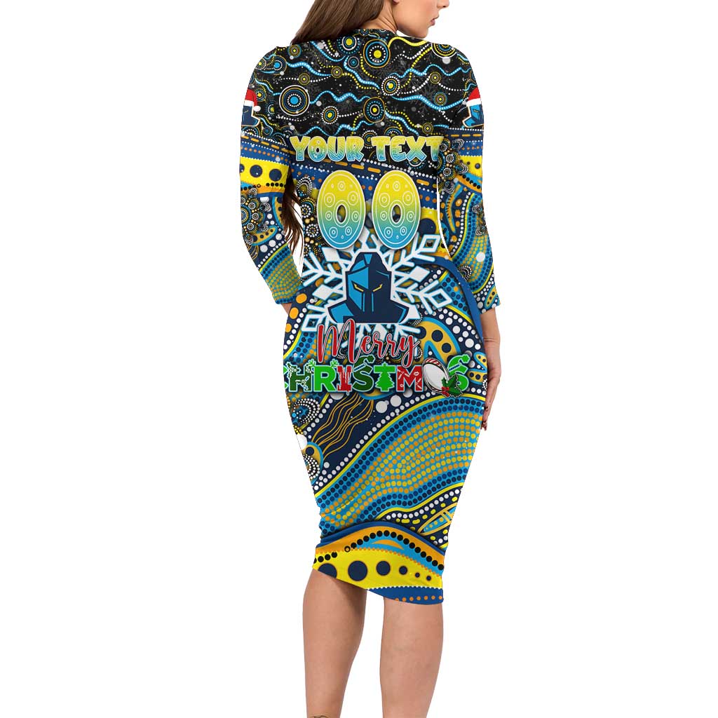 Merry Christmas Gold Coast Titans Family Matching Long Sleeve Bodycon Dress and Hawaiian Shirt Aboriginal Santa Rugby Mascot - Light Blue